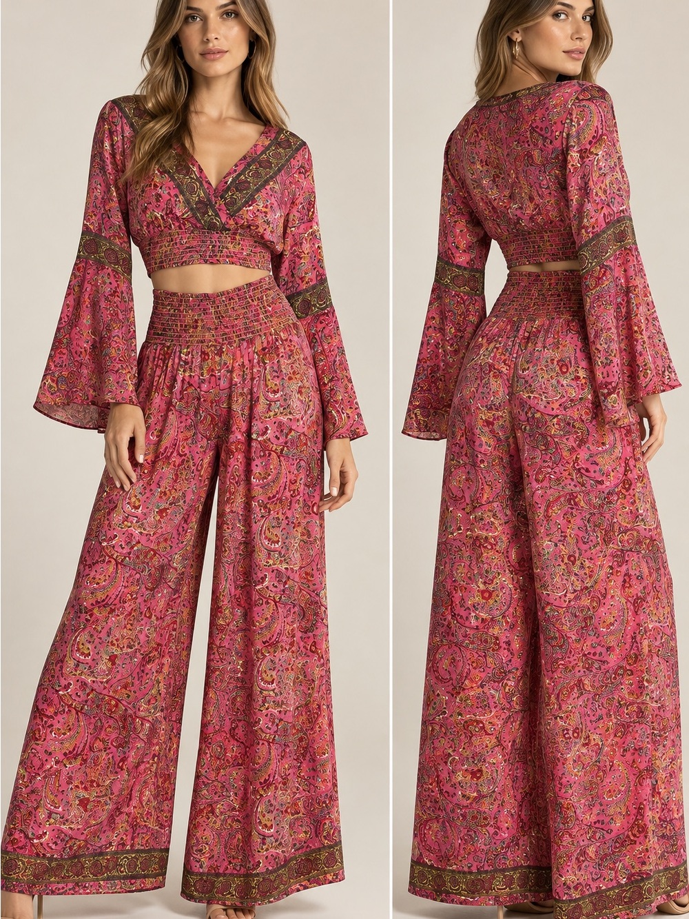 S.D. Fashion NWT 70% Silk Paisley 2 Piece Boho Crop Top Wide Leg Pants Set